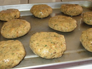 Falafel patties ready to be baked. (This is a toaster oven pan...they aren't huge!)